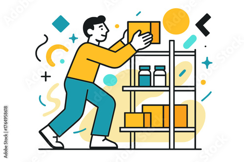Restocking with Style. Restocking Supplies. Person placing items on shelves with floating abstract geometric shapes and soft light accents, organized and