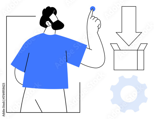Man pointing to selection, gear for settings and customization, arrow and box for downloading or packaging. Ideal for technology, UI, app, service, development logistics user action. Simple flat