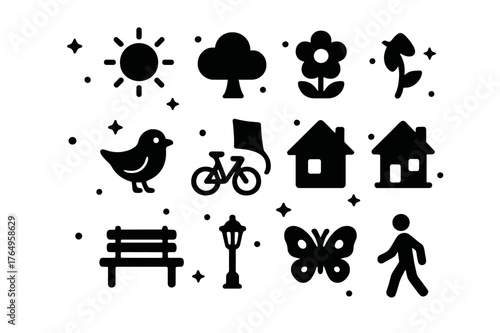 Sunshine Icons Grid. Sunshine Moments. Solid icons set of Sunshine Moments: sun, cloud, tree, flower, bird, bicycle, kite, house, bench, lamp post, butterfly,
