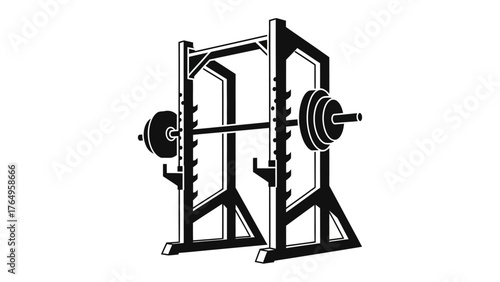 Weight Training Equipment: An illustration of a sturdy squat rack, complete with a barbell and weight plates, representing the essence of a dedicated fitness regimen. 
