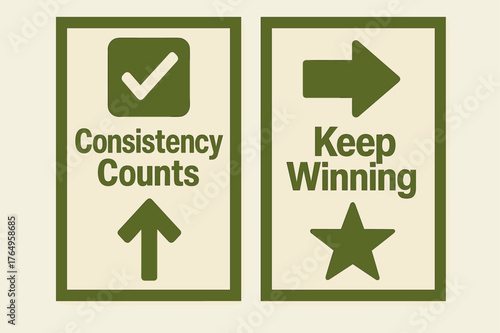 Consistency and Winning Banners. Consistency counts. Two vertical A6 banners with safe margins, centered composition, no elements touching edges, geometric,