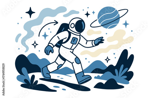 Alien Terrain Discovery. Space exploration. Astronaut discovering alien terrain with floating stars, abstract dust clouds, and planetary lines; emphasizes