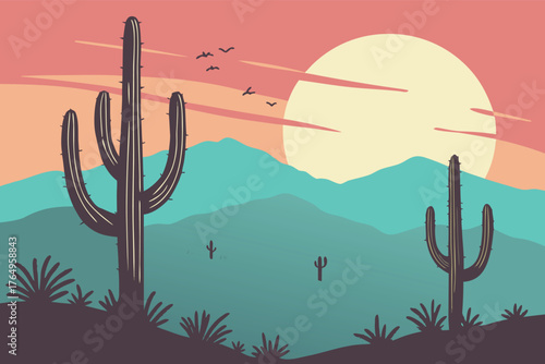 A serene desert scene with large and small cacti across hilly terrain, layered teal-blue mountains in the background, and a warm pink-orange sky with abstract clouds and a partially hidden sun.