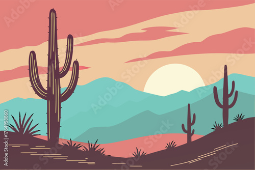 A stylized desert scene with several cacti across hilly terrain, layered teal-blue mountains, a partially hidden sun, and a warm pink-orange sky with abstract clouds.