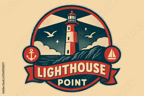 Retro Lighthouse Poster. Lighthouse Point ? Retro Poster; lettering: bold rounded; composition: ribboned seal with side icons; effects: halftone rim + gentle