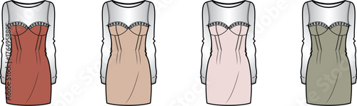 Fashion design technical flat sketch of a women's corset bustier mini dress with sheer mesh long sleeves. Vector apparel template collection shown in multiple colorways