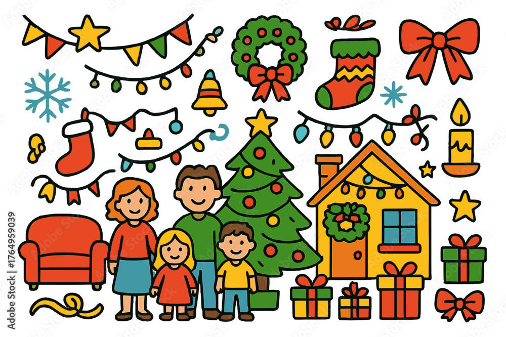 Fototapeta premium Festive Holiday Decor. festive home. Colorful Hand-drawn doodle Children illustration festive home family, Christmas tree, ornaments, lights, garland, wreath,