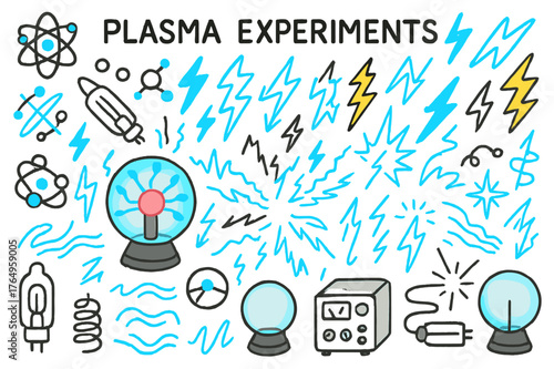 Plasma Lab Doodle. Plasma experiments lab. Hand-drawn doodle illustration plasma globe (colored), electric arcs (colored), neon glow (colored), lightning bolts