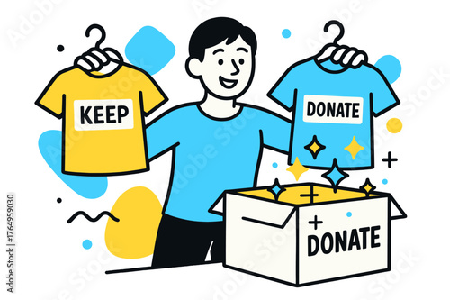 Closet Declutter Moment. Closet Declutter Moment. A smiling person holds two shirts?one marked ?Keep,? one ?Donate.? Light geometric sparkles float around the