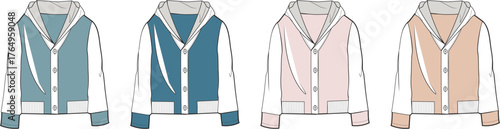 Collection of technical flat vector illustrations displaying diverse hooded varsity bomber jackets in a range of appealing color combinations for apparel design