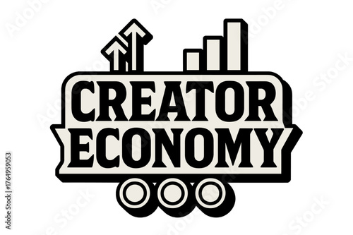 Geometric Creator Economy. Creator Economy ? bold block geometric lettering; thick uppercase with geometric serifs, heavy outer outline, strong cast shadow;