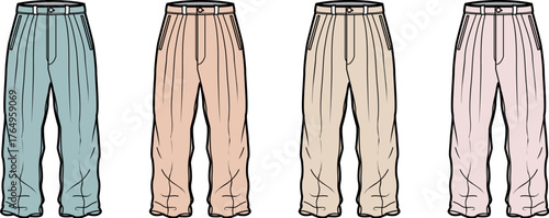 Collection of casual pants in different pastel colors for everyday wear