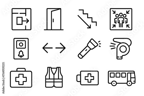 Emergency Evacuation Icons. Emergency Evacuation. Line icon set of Emergency Evacuation: evacuation map, exit door, staircase down, assembly point, muster
