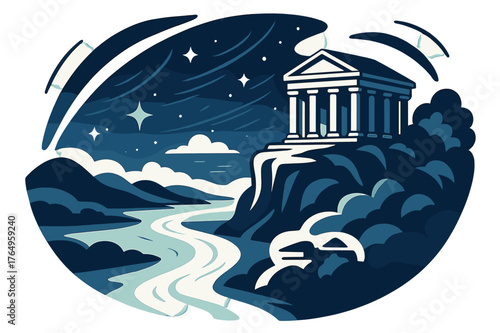 Temple Overlook Magic. Ancient temples. Temple atop cliff overlooking river with abstract floating sparkles and motion lines; emphasizes grandeur, history, and