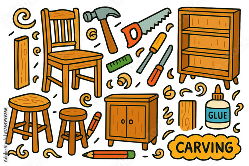Colorful Woodwork Doodle. handcrafted woodwork and furniture. Colorful Hand-drawn doodle Children illustration handcrafted woodwork and furniture wooden chair,