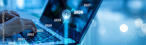 2025 to 2026 business financial plan market concept, performance of profit growth on 2026, education trend up finance on growth graph money revenue, Businesswoman analyzes profitability of working
