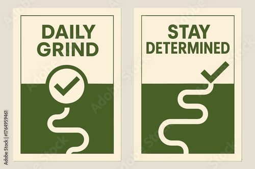 Daily Grind Banners. Daily grind. Two vertical A6 banners with safe margins, centered composition, no elements touching edges, geometric, olive green and