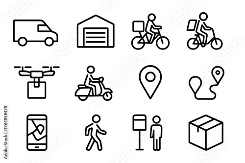 Delivery Icon Set. Delivery network. Line icon set of delivery network: delivery van, warehouse, package, bicycle courier, drone, scooter, map marker, route