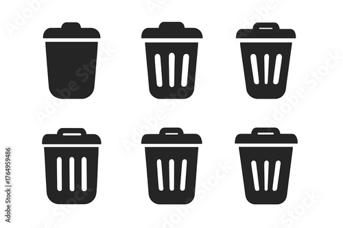 Garbage Can Logos. Taking Out the Trash. Set Logo of Garbage Can: Filled silhouette, Abstract geometric, Negative space, Flat solid, Stylized detail, Iconic