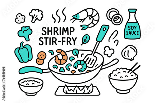 Shrimp Stir-Fry Doodle. // Shrimp stir-fry. Hand-drawn doodle illustration Shrimp stir-fry [shrimp (accented), wok pan (accented), spatula (accented), bell