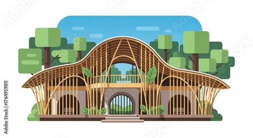 A clean flat design illustration showcasing an innovative, sustainably built bamboo structure at Wonderfruit Festival, surrounded by nature. 