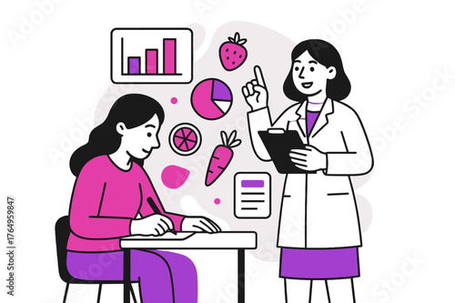 Dietitian Session Insight. Nutritional Counseling. Client taking notes while dietitian explains nutritional content with floating abstract charts and food