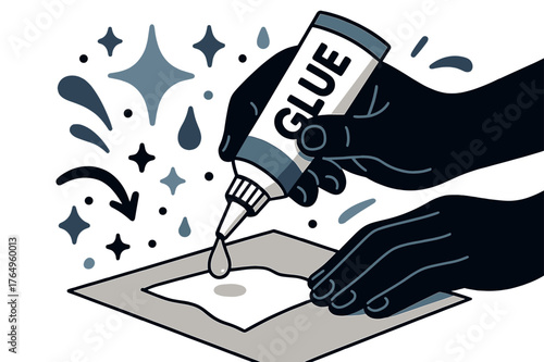 Crafting with Glue. Glue tube. Close-up of hands holding glue tube over craft paper; abstract floating sparkles and drops emphasize careful application and DIY