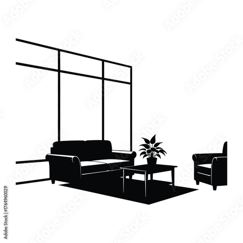 Minimalist Interior: A clean, modern space showcases a silhouette of a couch, armchair, table, and plant, evoking a sense of calm simplicity and understated elegance.