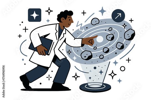 Asteroid Belt Analysis. Asteroid belt studies. Researcher pointing at asteroid belt hologram with abstract floating orbit lines, stars, and asteroids; conveys