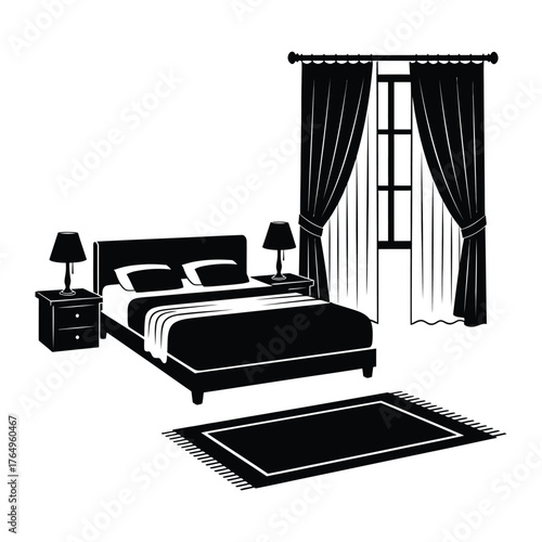 Elegant Bedroom Silhouette: A monochromatic depiction of a sophisticated bedroom, featuring a meticulously designed bed, bedside table lamps, window with draping curtains, and a rectangular rug.