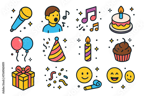 Birthday Party Icons. Birthday song. Colorful isometric vector icons set of birthday song: microphone, singing person, music notes, birthday cake, balloons,