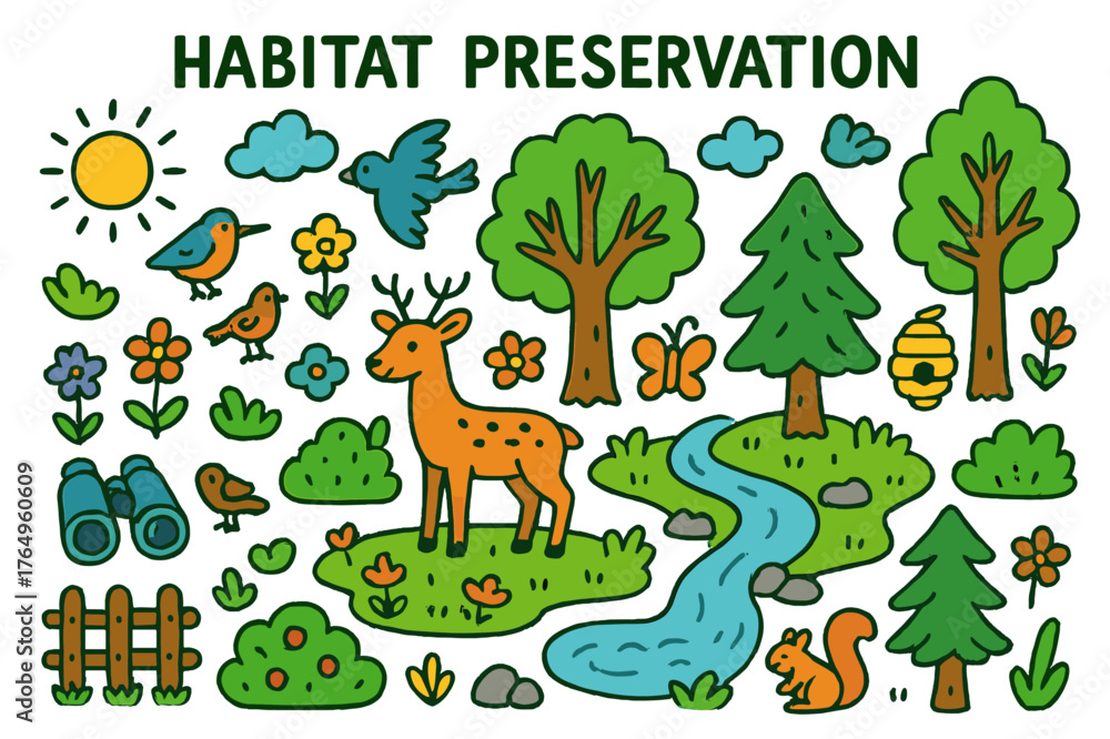 Obraz premium Habitat Preservation Doodle. habitat preservation. Colorful Hand-drawn doodle Children illustration habitat preservation forest, river, trees, birds, deer,