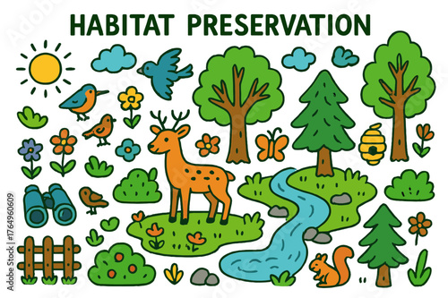 Habitat Preservation Doodle. habitat preservation. Colorful Hand-drawn doodle Children illustration habitat preservation forest, river, trees, birds, deer,
