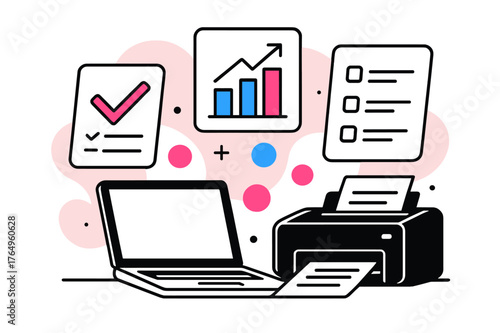 Modern Office Setup. Office Equipment. Office workstation with laptop, printer, and floating abstract to-do lists and charts, professional and organized scene.