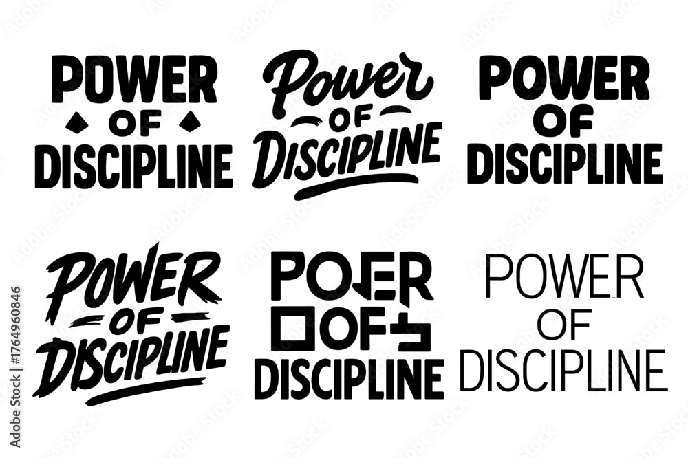 Obraz premium Discipline Lettering Grid. Power of Discipline. Set lettering. harmonious lettering variations of the same emblematic concept, each with different artistic