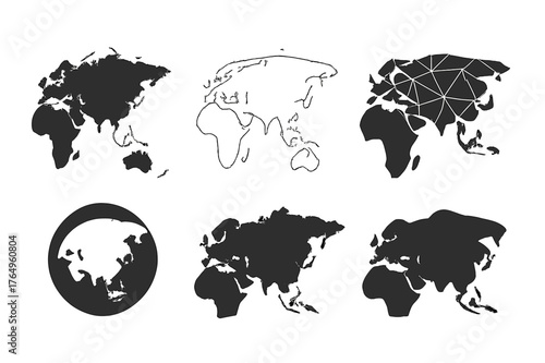 Eurasia Iconic Logos. Eurasia. Set Logo of Eurasia Map Icon: Filled silhouette, Minimal outline, Abstract geometric, Negative space, Stylized detail, Iconic