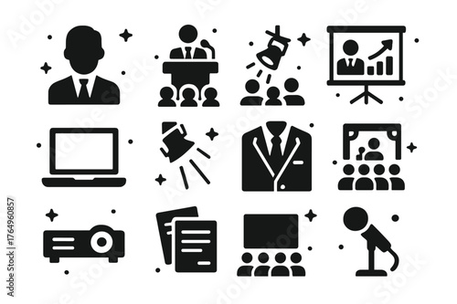 CEO Keynote Icons. CEO Keynote Speech. Solid icons set of CEO Keynote Speech at Business Conference: CEO, podium, microphone, audience, presentation screen,