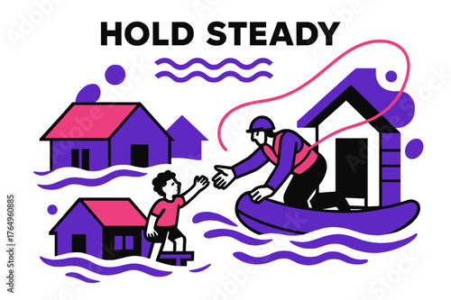 River Rescue Scene. River Flood Pickup. Brown water curls around rooftops; a rescuer reaches for a child on a porch as a safety line arcs. ?HOLD?STEADY?