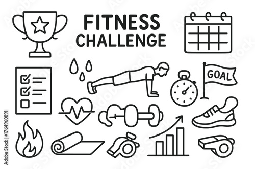 Fitness Challenge Doodle. Fitness challenge. Hand-drawn doodle illustration fitness challenge trophy, checklist, calendar, push-up icon, stopwatch, sweat