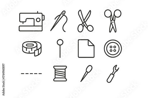 Tailoring Tools Icons. Tailoring tools. Line icon set of tailoring tools: sewing machine, needle, thread, scissors, thimble, measuring tape, pin, fabric fold,