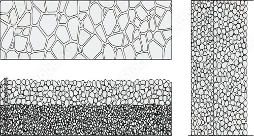 CAD Texture Drawings, stone wall  top and side view patterns, Stone, Gravel, and Pebble Section Pattern Outline Vector for Architectural Material Design
