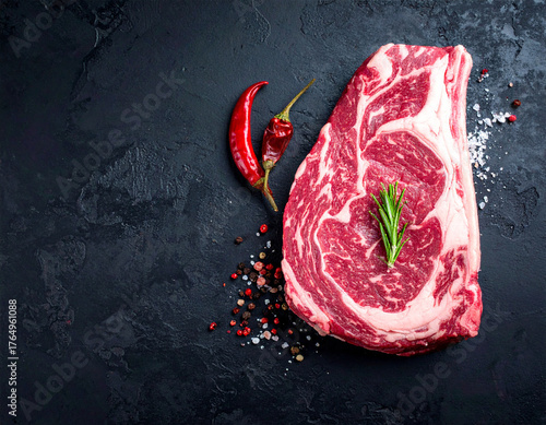 Raw dry-aged Wagyu steak with high marbling, garnished with rosemary and a red chili pepper on a dark slate background with pepper and salt.
