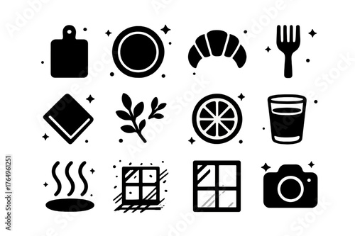Window Food Icons. Window Light on Food. Solid icons set of Window Light on Food: cutting board, plate, pastry, fork, linen napkin, herb sprig, citrus slice,