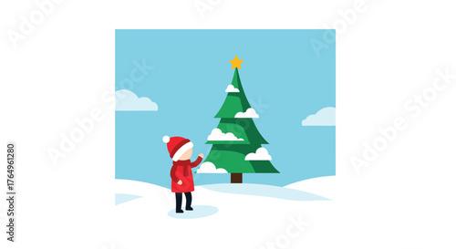 Joyful child in festive winter attire reaching for star atop a snow covered Christmas tree under a bright blue sky with fluffy clouds, evoking holiday cheer and childhood wonder