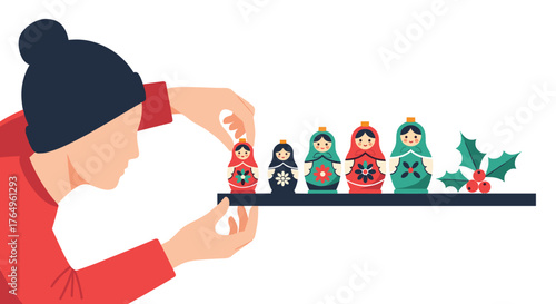 Hands carefully arrange colorful nesting dolls on a shelf next to festive holly, evoking warmth and holiday tradition in a charming, stylized scene perfect for seasonal promotions.