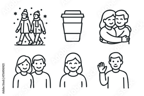 Winter activities and warm drinks for cozy moments with friends. Set of 6 winter vector illustration