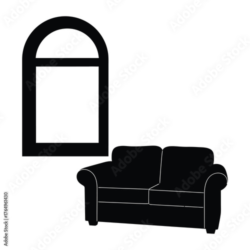 Simple Comforts:  A minimal line art representation of a cozy two-seater sofa and arched window, inviting relaxation and tranquility.