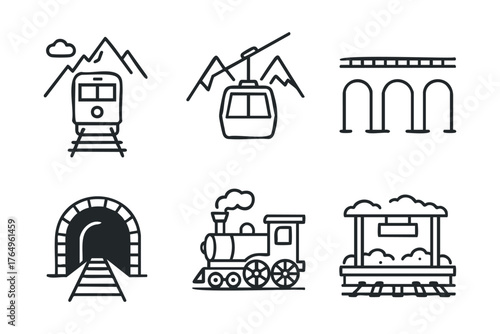 Mountain transportation elements for travel and adventure design. Set of 6 winter vector illustration