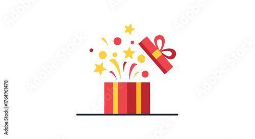 Unwrap joy with this cheerful gift box exploding with bright stars and confetti, perfect for adding a festive touch to your holiday designs and celebratory marketing campaigns