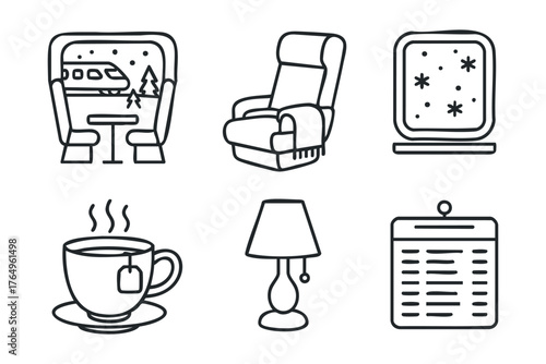 Cozy winter retreat with tea and relaxation essentials for comfort. Set of 6 winter vector illustration